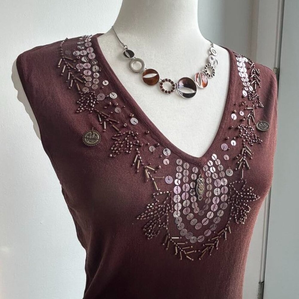 MARIE CLAIRE Chocolate Brown Embellished Sleeveless Ombré Top – US S